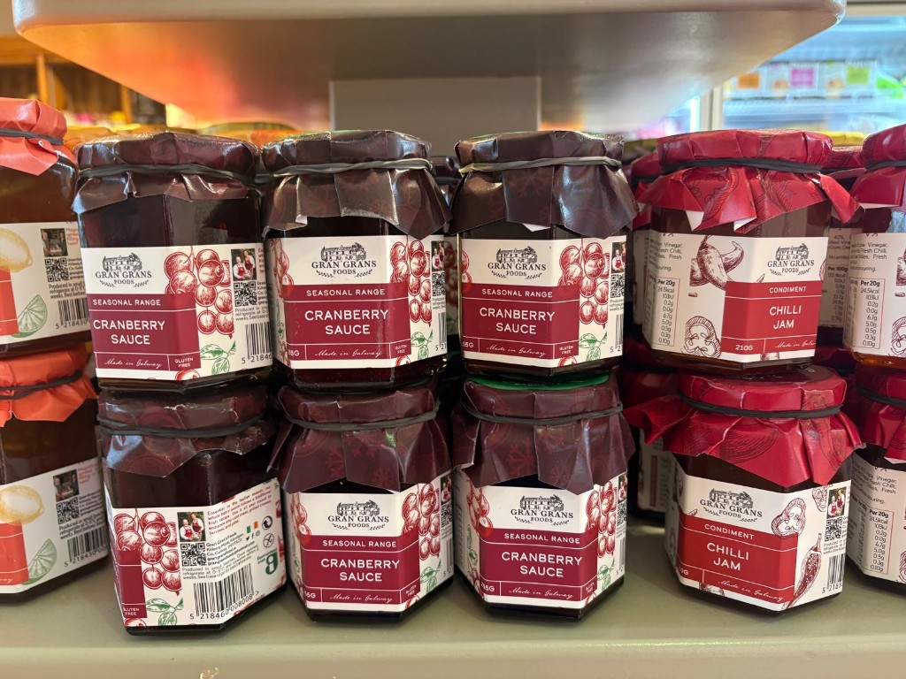 Gran Grans Foods cranberry sauce and chilli jam jars on the farm shop shelf