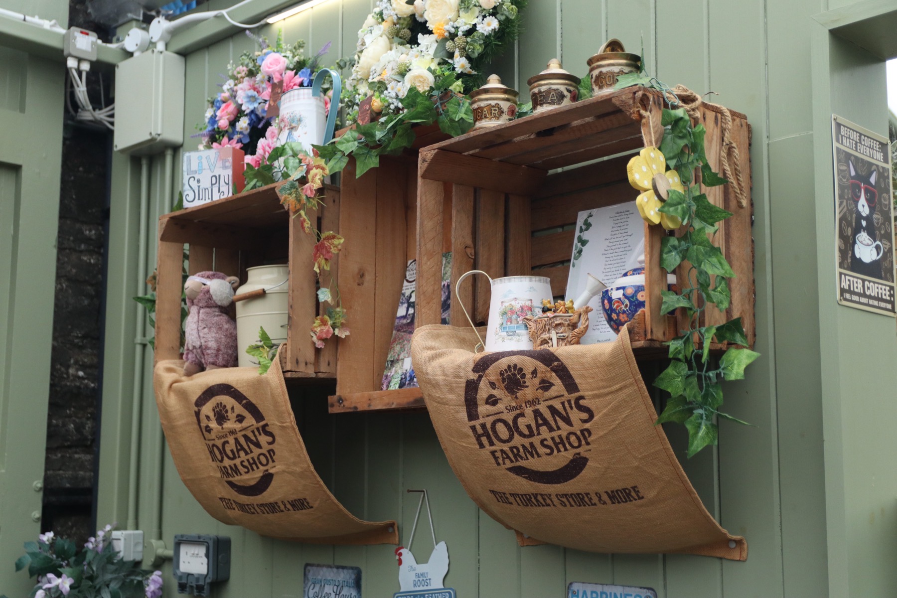Branded hessian bags on the café wall