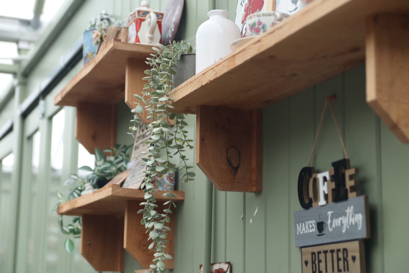 Coffee corner shelves inside the café