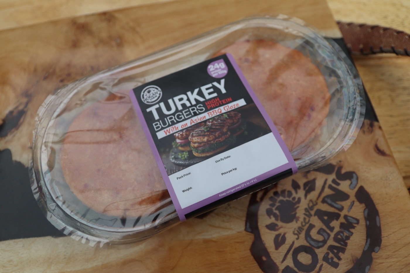 Asian BBQ turkey burgers, close pack shot
