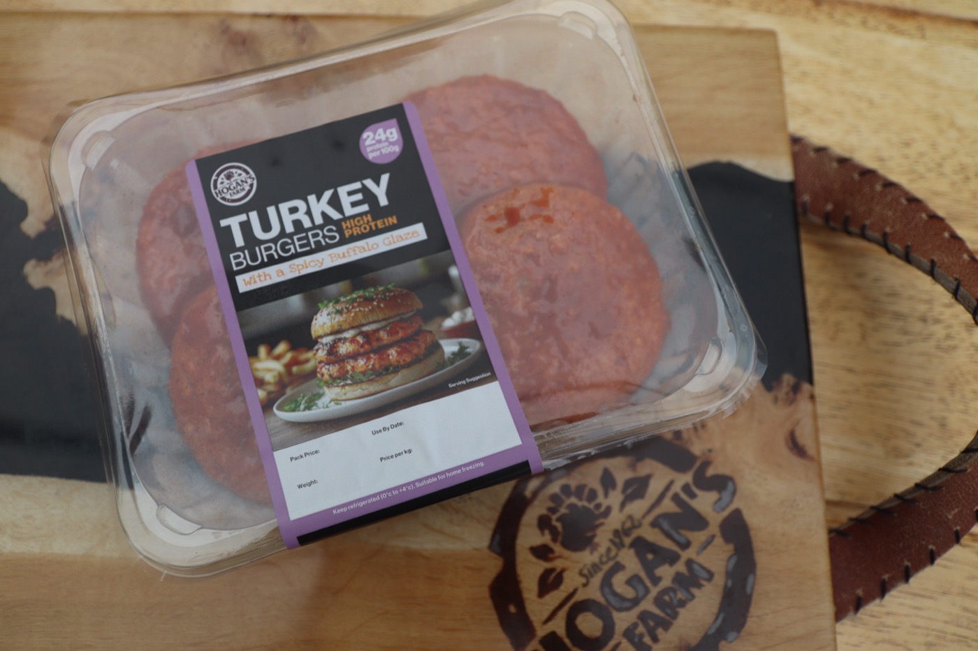 Hogan’s Farm turkey burgers with spicy buffalo glaze