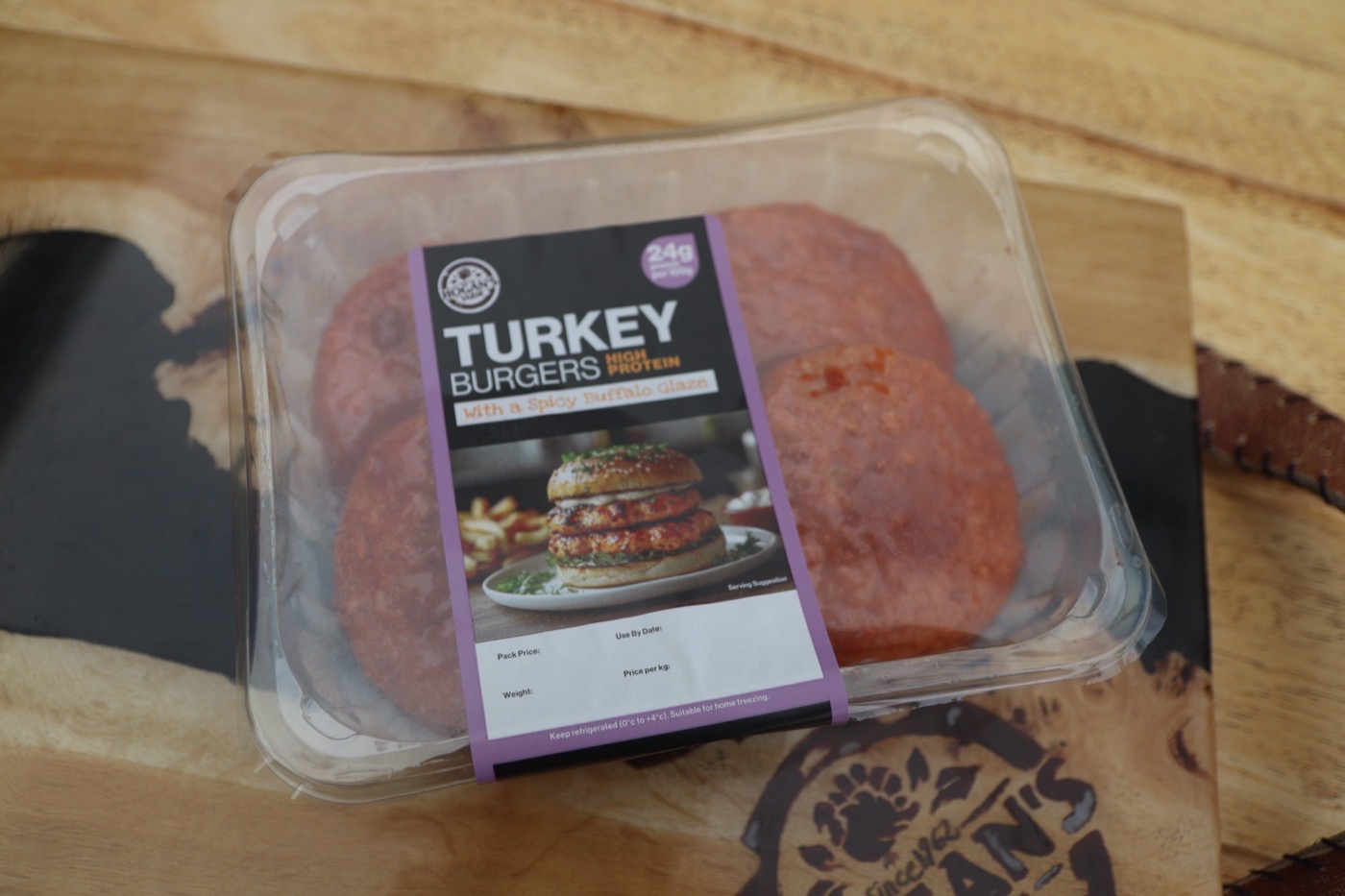 Spicy buffalo turkey burgers, alternate angle